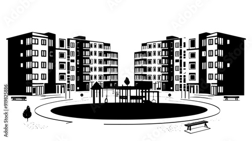 Large residential complex with multiple buildings surrounding a central courtyard and playground, vector illustration art