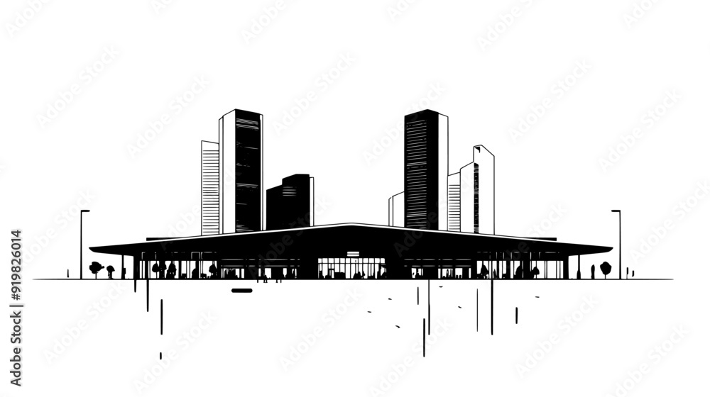 Large structure with an open plaza, surrounded by shops and high-rise residential buildings, vector illustration art Large structure with an open plaza, surrounded by shops and high-rise residential buildings, vector illustration art