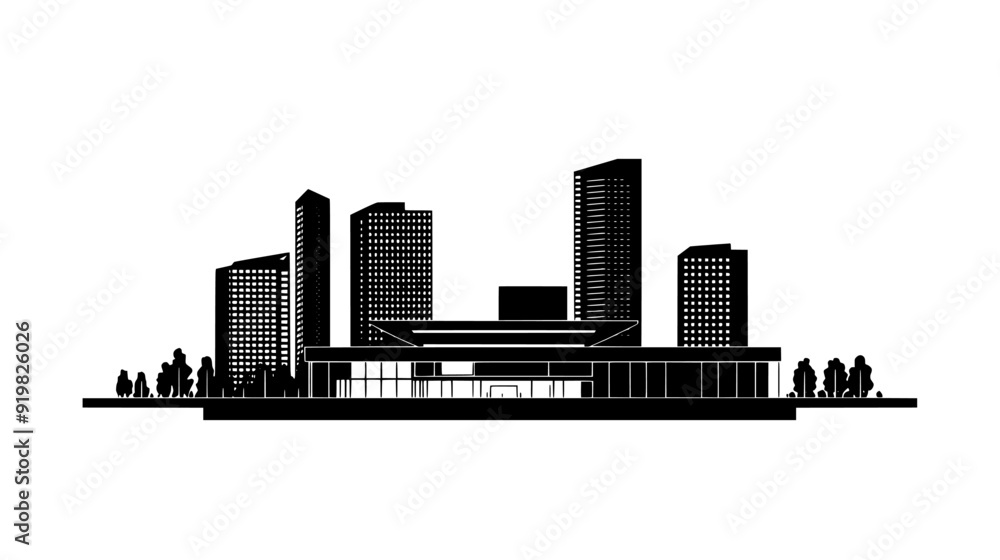 Obraz premium Large structure with an open plaza, surrounded by shops and high-rise residential buildings, vector illustration art