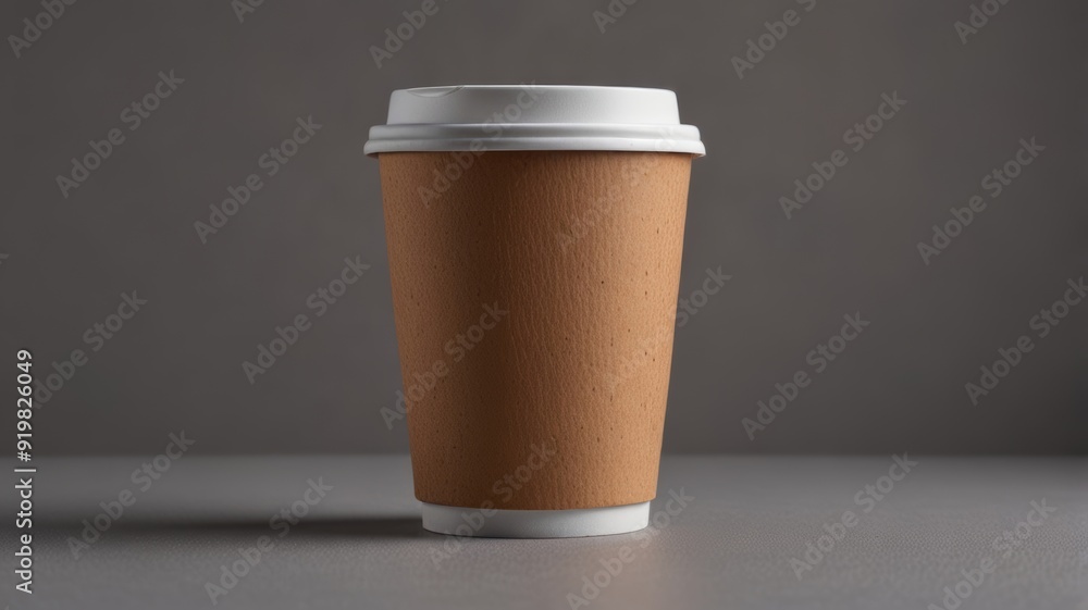 Coffee cup made of beige cardboard with a white lid on a light gray background Coffee cup made of beige cardboard with a white lid on a light gray background