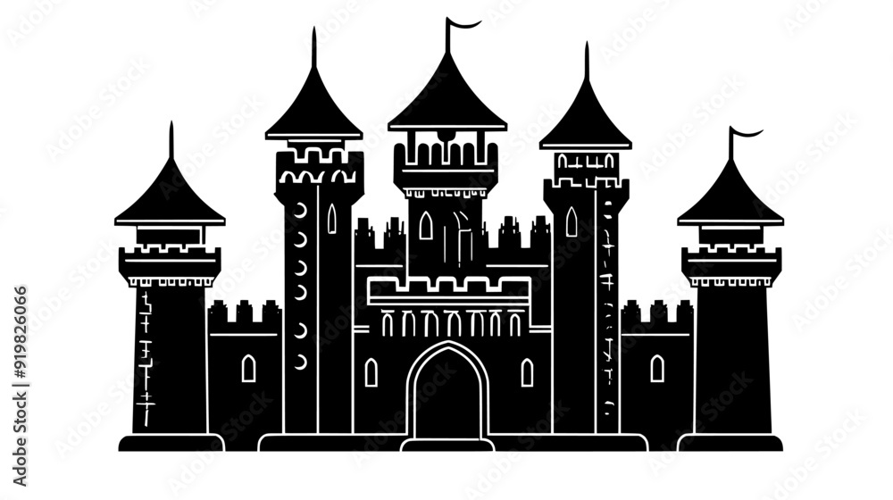 Medieval castle with turrets, battlements, and a central keep, vector illustration art Medieval castle with turrets, battlements, and a central keep, vector illustration art
