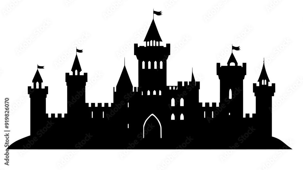 Medieval castle with turrets, battlements, and a central keep, vector illustration art Medieval castle with turrets, battlements, and a central keep, vector illustration art