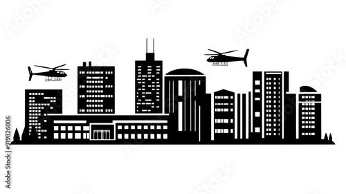 Large hospital complex with multiple wings, emergency entrance, and a helipad on the roof, vector illustration art