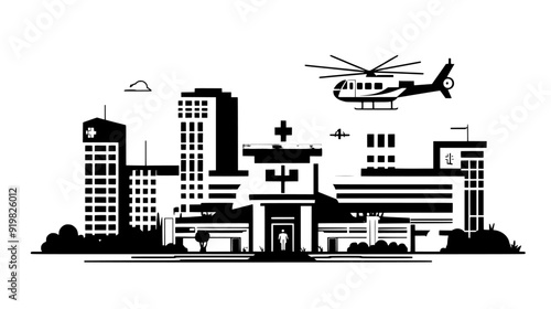 Large hospital complex with multiple wings, emergency entrance, and a helipad on the roof, vector illustration art