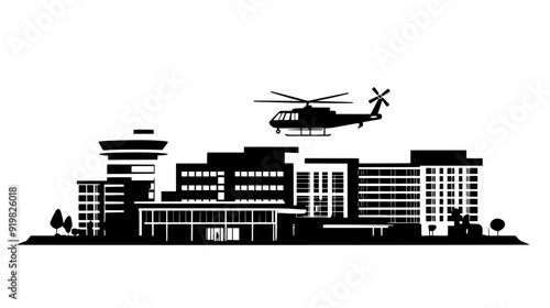 Large hospital complex with multiple wings, emergency entrance, and a helipad on the roof, vector illustration art
