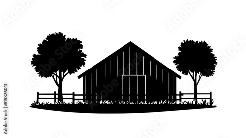 Livestock barn with fenced areas, situated close to a cluster of trees, vector illustration art