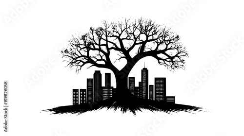 Massive tree with buildings integrated into the branches and trunk, vector illustration art