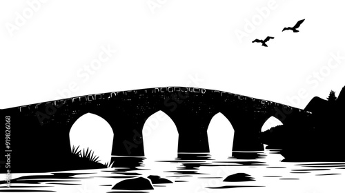 Medieval stone bridge with multiple arches spanning a wide river and mountain backdrop, vector illustration art