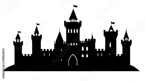 Medieval castle with turrets, battlements, and a central keep, vector illustration art