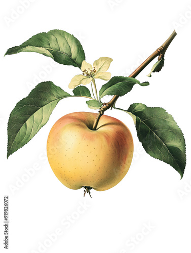Detailed botanical illustration of vibrant red apple with leaves and flowers, showcasing natural textures and colors, vintage art style