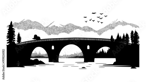 Medieval stone bridge with multiple arches spanning a wide river and mountain backdrop, vector illustration art