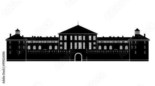 Military barracks with fortified walls and uniform building structures, vector illustration art