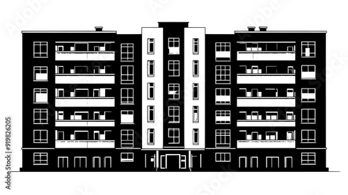 Multi-story apartment complex with uniform balconies and a central entrance, vector illustration art
