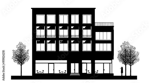 Multi-story building with ground-floor boutiques and upper-level professional offices, vector illustration art