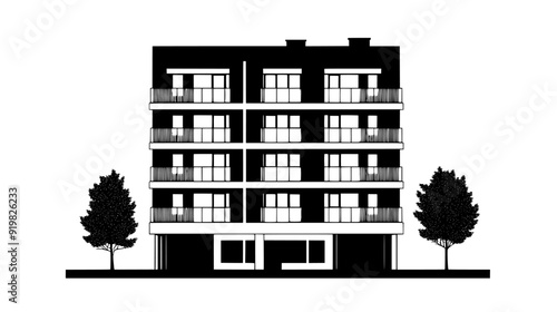 Multistory building with commercial spaces and apartments, vector illustration art