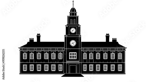 Multi-story municipal building with a central clock tower and formal design, vector illustration art