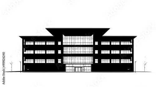 Multi-story government building with large glass panels and a central atrium visible from outside, vector illustration art