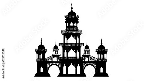 Multi-tiered tower with ornate balconies and bridges to smaller towers, vector illustration art