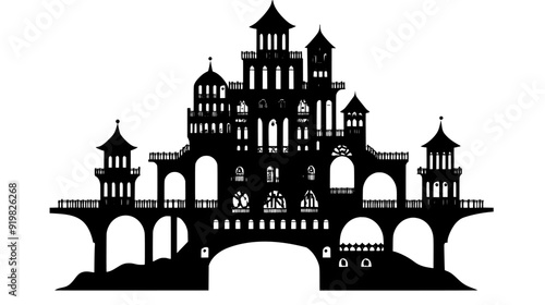 Multi-tiered tower with ornate balconies and bridges to smaller towers, vector illustration art