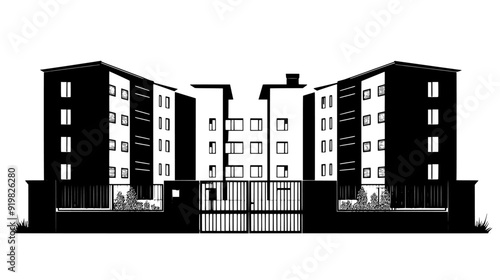 Multi-winged building with a courtyard, surrounded by tall walls and security fencing, vector illustration art