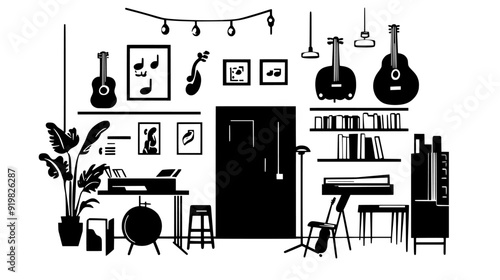 Music conservatory with practice rooms, performance halls, and instrument storage areas, vector illustration art