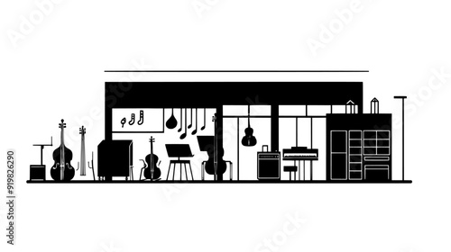 Music conservatory with practice rooms, performance halls, and instrument storage areas, vector illustration art