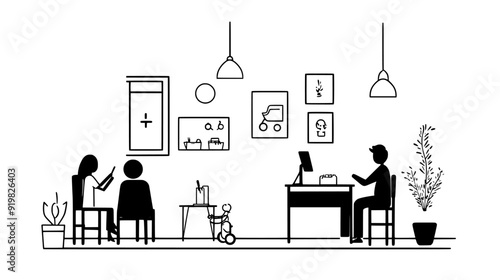 Pediatric clinic with child-friendly exam rooms, play area, and administrative offices, vector illustration art