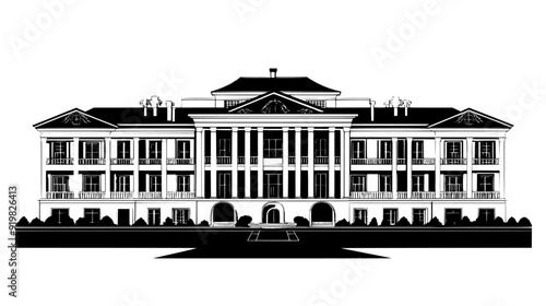 Presidential palace with expansive lawn and multiple balconies, vector illustration art