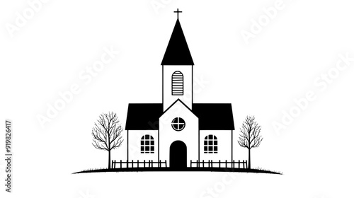 Protestant church with tall steeple and simple architectural lines, vector illustration art