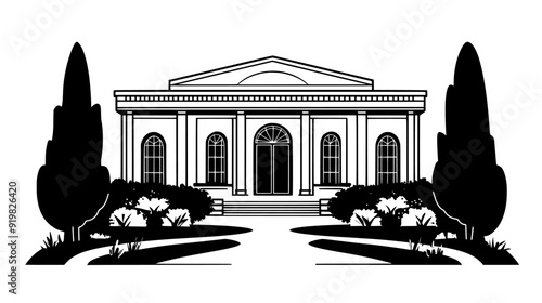 Public library with flat roof, numerous bookshelves visible through large glass windows, vector illustration art