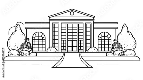Public library with flat roof, numerous bookshelves visible through large glass windows, vector illustration art