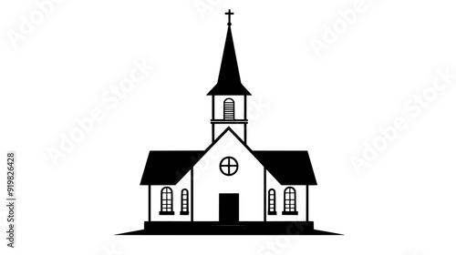 Protestant church with tall steeple and simple architectural lines, vector illustration art