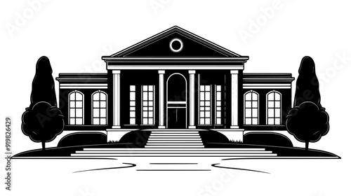 Public library with flat roof, numerous bookshelves visible through large glass windows, vector illustration art