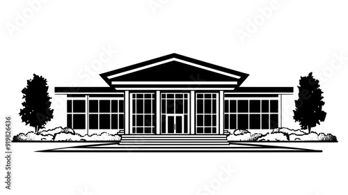 Public library with flat roof, numerous bookshelves visible through large glass windows, vector illustration art