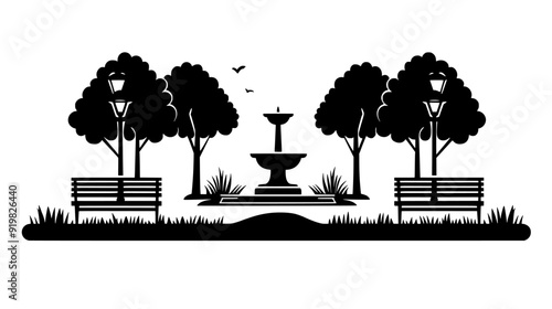 Public park with walking paths, benches, and a central fountain or monument, vector illustration art