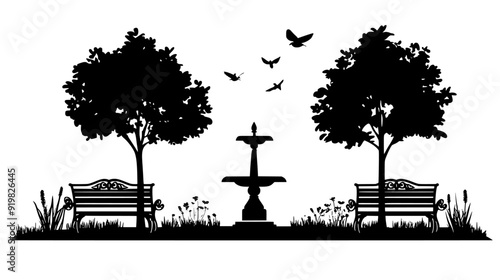 Public park with walking paths, benches, and a central fountain or monument, vector illustration art