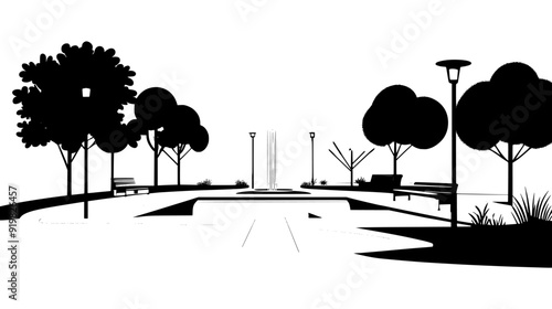 Public square featuring a water feature, seating areas, and shaded walkways, vector illustration art