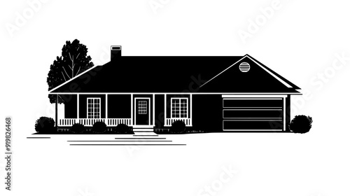Ranch-style house with a long, low profile, a front porch, and an attached carport, vector illustration art