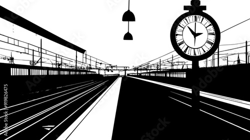 Railway station with long platform, large clock, and multiple tracks visible, vector illustration art