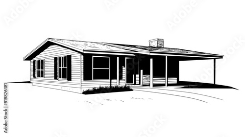 Ranch-style house with a long, low profile, a front porch, and an attached carport, vector illustration art