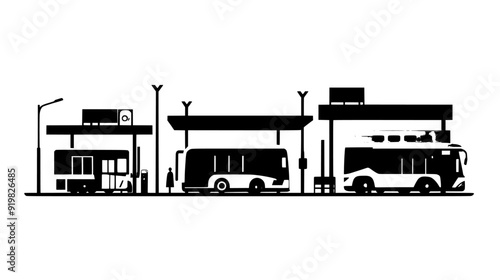Public transportation hub with bus terminals and ticketing area, vector illustration art