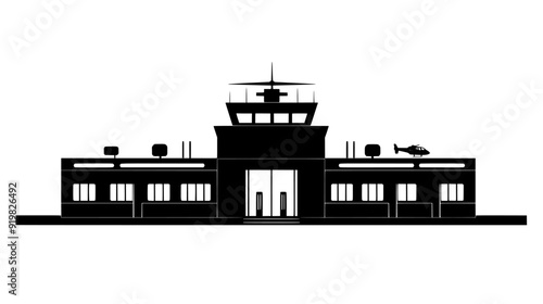 Rectangular building with large windows and a central flagpole, vector illustration art