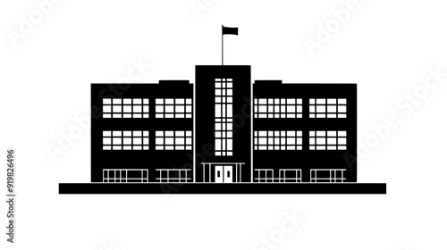 Rectangular building with large windows and a central flagpole, vector illustration art