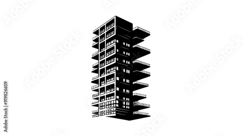 Residential skyscraper with staggered balconies and cantilevered sections, vector illustration art