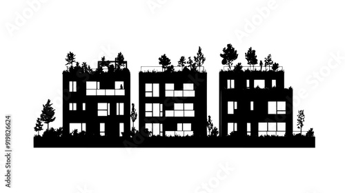 Residential complex with a green roof and rainwater harvesting systems, vector illustration art