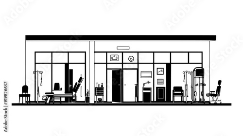 Rehabilitation center with therapy rooms, exercise facilities, and central reception area, vector illustration art