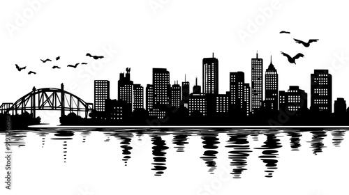 Riverside city with buildings densely packed along the waterfront and bridges crossing the water, vector illustration art