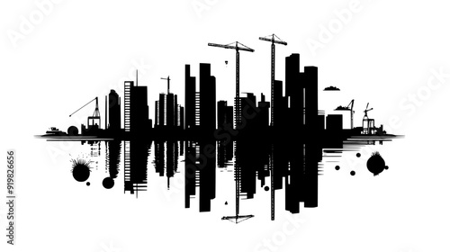 Riverfront city with high-rise buildings reflected in the water, cranes, and a boardwalk, vector illustration art