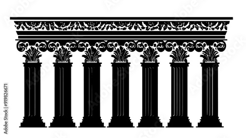 Row of Corinthian columns supporting an entablature with acanthus leaf capitals, vector illustration art