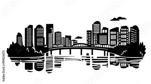 Riverside city with buildings densely packed along the waterfront and bridges crossing the water, vector illustration art